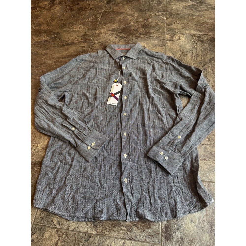 NWT Scott James Mens Gray Herringbone Long Sleeve Button Down Shirt‎ HAS STAIN